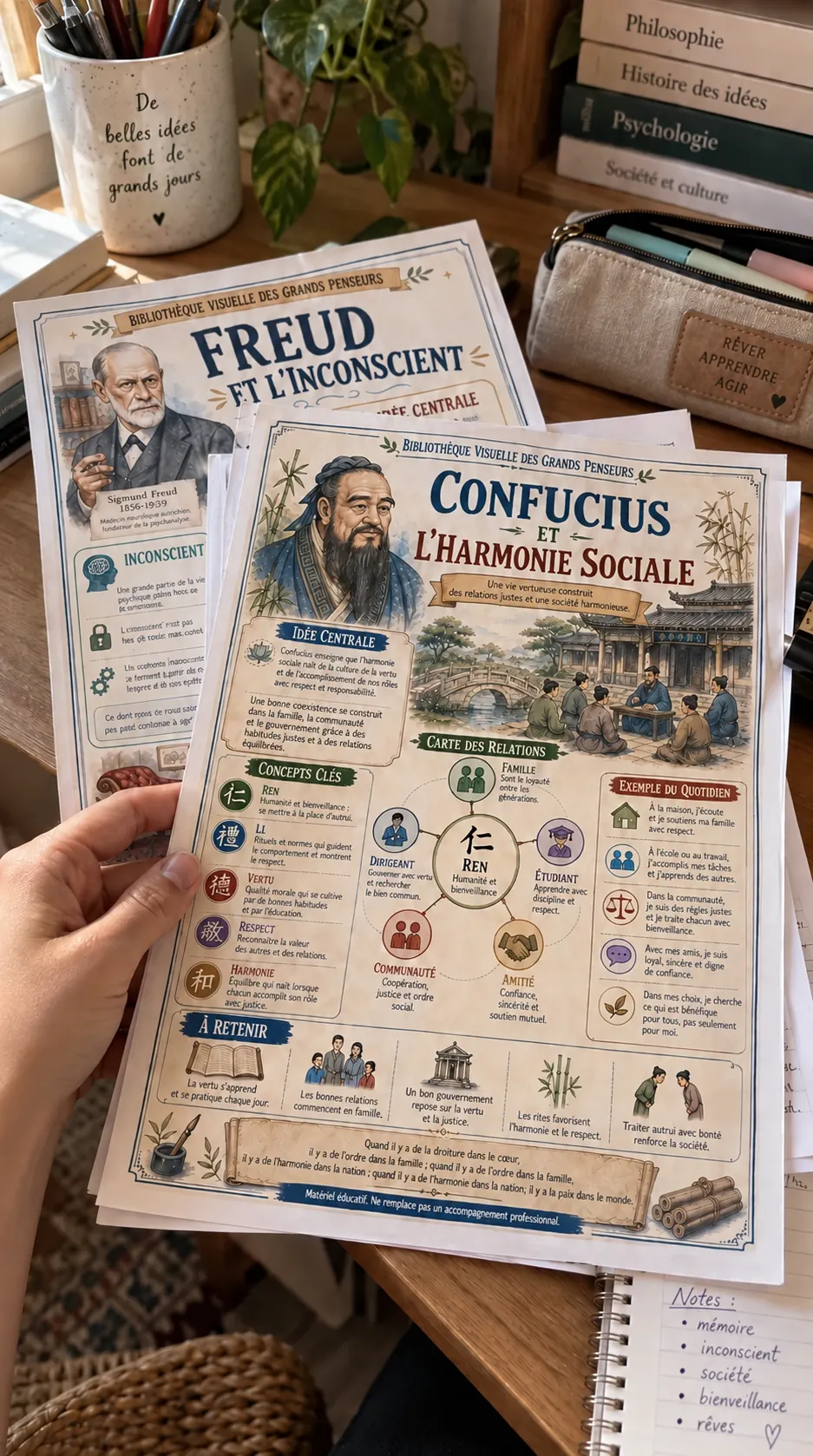 Feuilles françaises imprimées de la Bibliothèque Visuelle sur un bureau